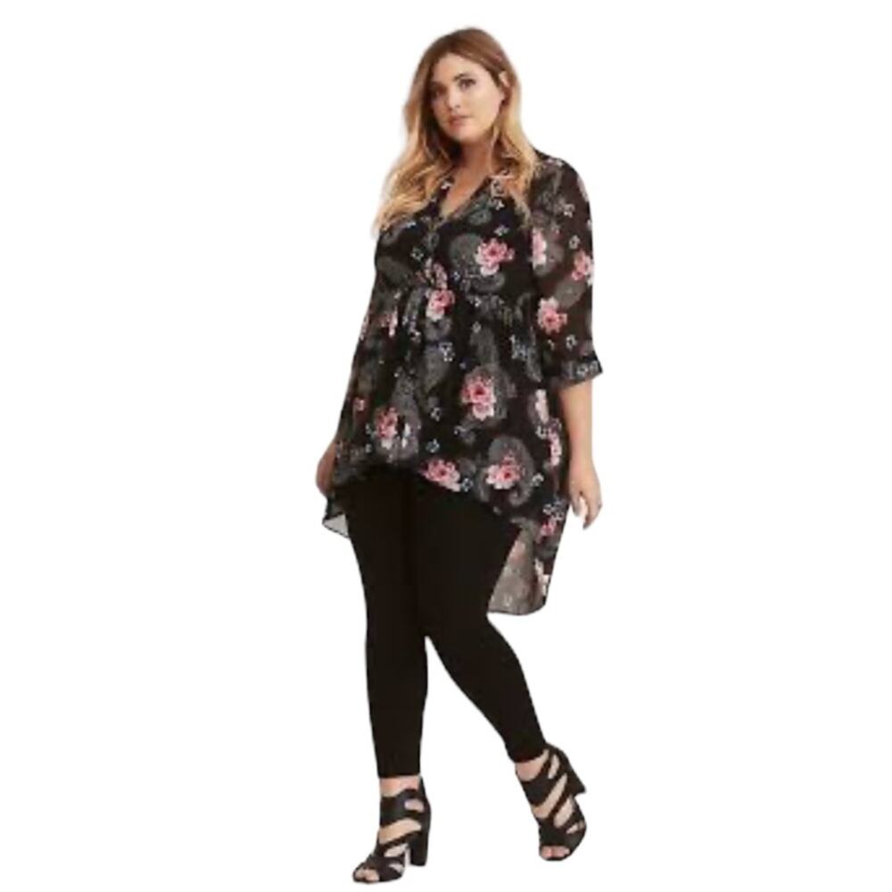 Torrid Black Floral Georgette Sheer Tunic Top High-Low Size 1 - Picture 15 of 15